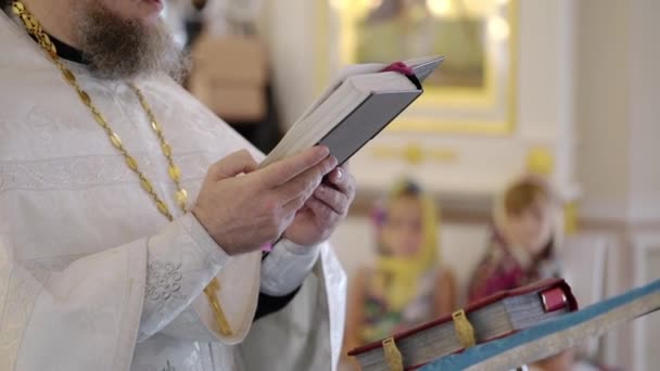 चर्चमध्ये बायबल पुस्तकासह प्रार्थना करणारा याजक — स्टॉक व्हिडिओ