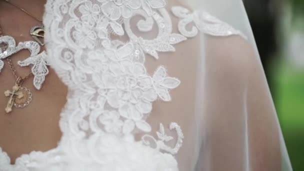 Young bride posing in a park, waving veil — Stock Video