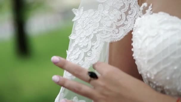 Giovane sposa posa in un parco, agitando velo — Video Stock