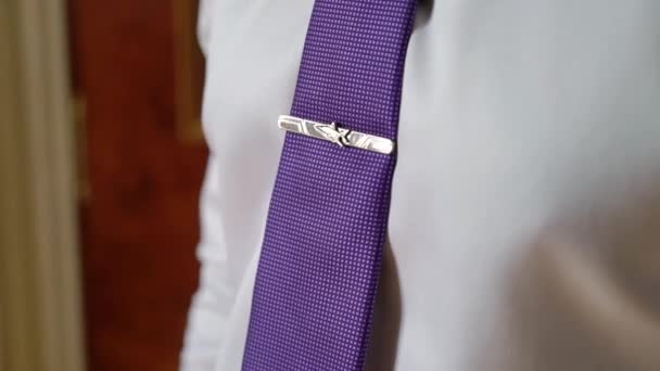 Homem colocado em gravata violeta com avião — Vídeo de Stock