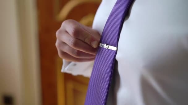 Man put on violet tie with airplane — Stock Video