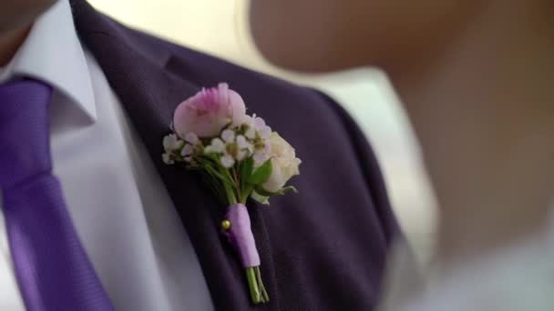 Bride and groom embracing in a city embankment — Stock Video