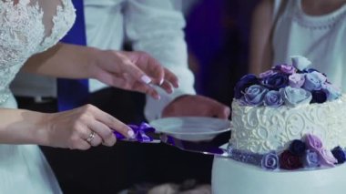 Gelin ve damat düğün pastasını kesiyor