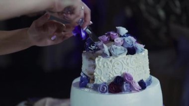 Gelin ve damat düğün pastasını kesiyor