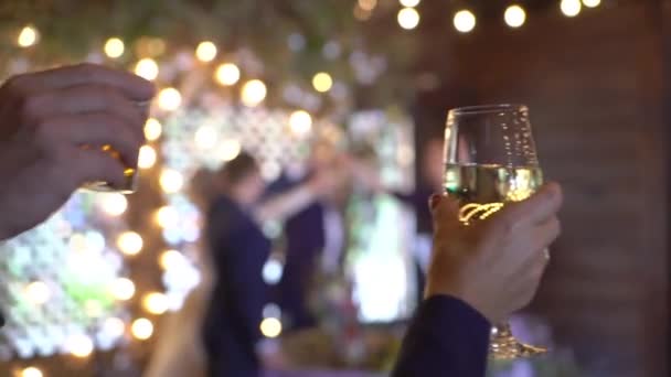 La gente sbatte i bicchieri con vino e champagne dopo il brindisi alla festa — Video Stock