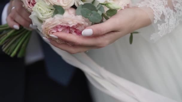 Happy bride and groom on their wedding hugging — Stock Video