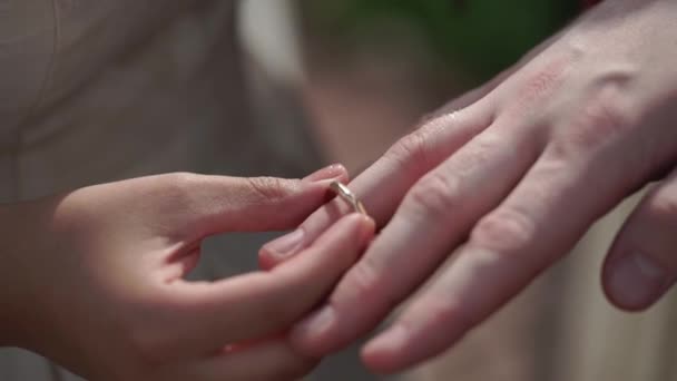 Bride putting a ring on grooms finger during wedding ceremony — Stock Video