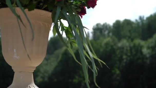 Piros rózsák összetétele csokrok esküvői ünnepségen vidéken, a nyári napsütésben — Stock videók