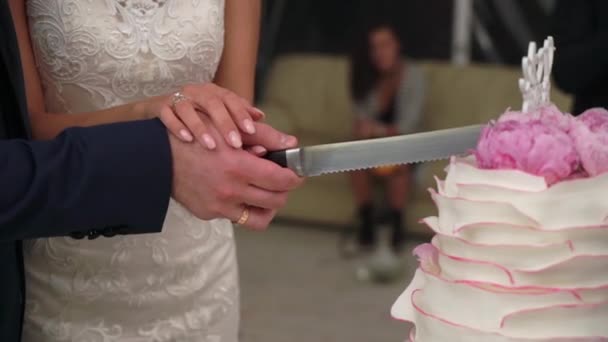 Menyasszony és vőlegény vágott esküvői torta — Stock videók