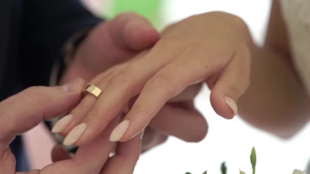 Il giorno del matrimonio. Lo sposo mette l'anello sulla mano delle spose . — Video Stock