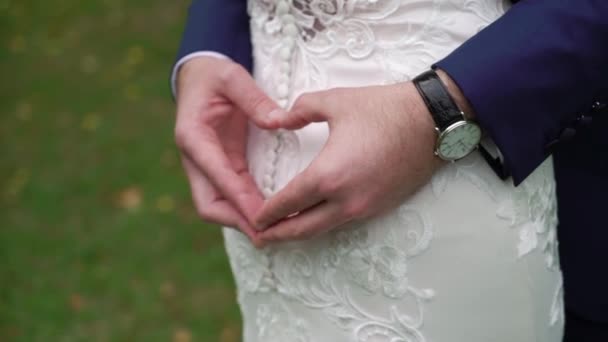 Pengantin pria membuat tanda hati sementara lengannya sekitar mempelai wanitanya . — Stok Video