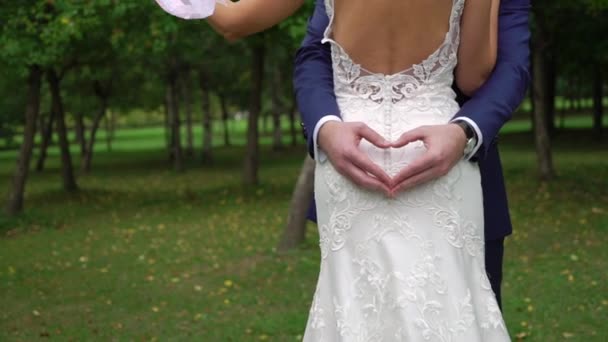 Groom fazendo um sinal de coração enquanto seus braços estão em torno de sua noiva . — Vídeo de Stock