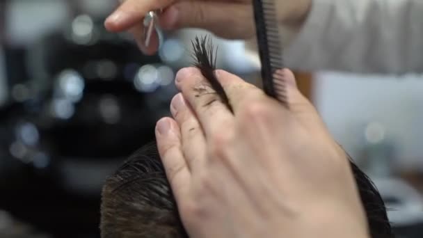 Homem recebendo um corte de cabelo por um cabeleireiro — Vídeo de Stock