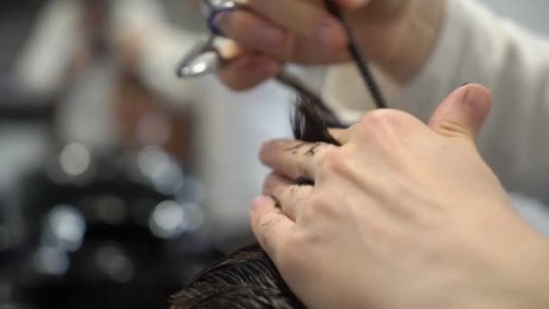 Hombre consiguiendo un corte de pelo por un peluquero — Vídeo de stock