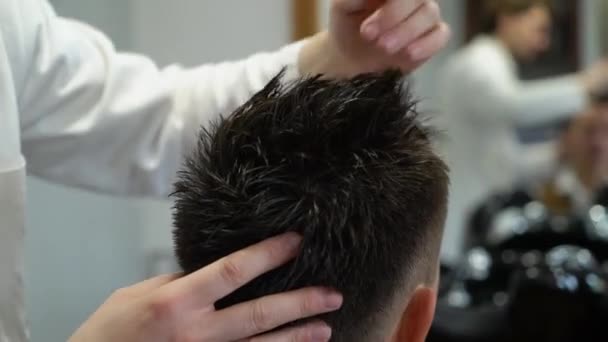 Master stapels haar van mannen haardroger in barbershop, Kapper maakt kapsel voor jonge man. Kapper — Stockvideo