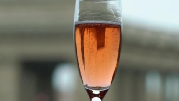 핑크 샴페인 또는 스파클링 와인 유리 병에서 쏟아져. 배경에 유럽 도시. — 비디오