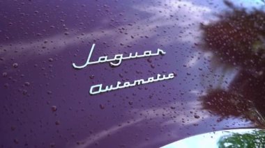Saint-Petersburg, Rusya-23 Eylül 2018: Eski retro kırmızı Jaguar araba yağmurlu bir gün, bir şehirde