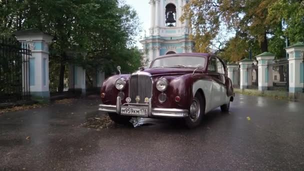 SAINT-PETERSBURG, RUSSIA - SEPTEMBER 23, 2018: Mobil merah Jaguar retro lama pada hari hujan di sebuah kota — Stok Video