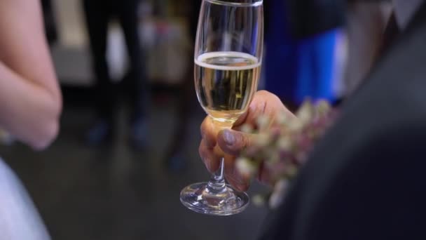 Bride and groom with glass of sparkling wine at the party — Stock Video
