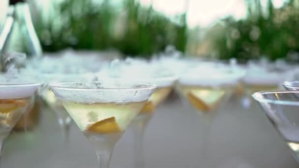 Glasses of sparkling wine with dry ice. Slowmotion closeup. — Stock Video