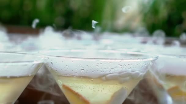 Glazen mousserende wijn met droogijs. Close-up van tikje. — Stockvideo