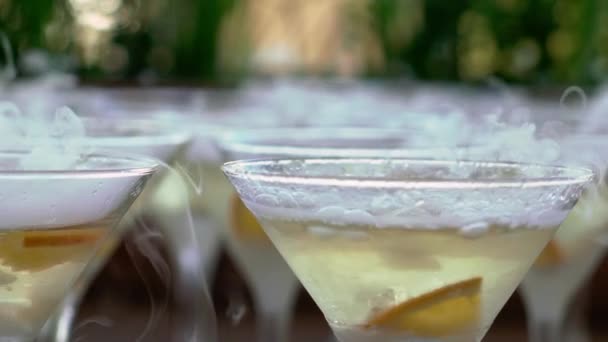 Glasses of sparkling wine with dry ice. Slowmotion closeup. — Stock Video