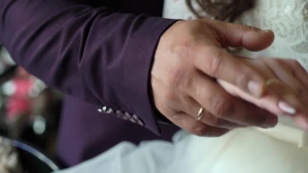 Noiva Noivo Abraçando Recém Casados Abraçam Seguram Mãos Perto Dia — Vídeo de Stock