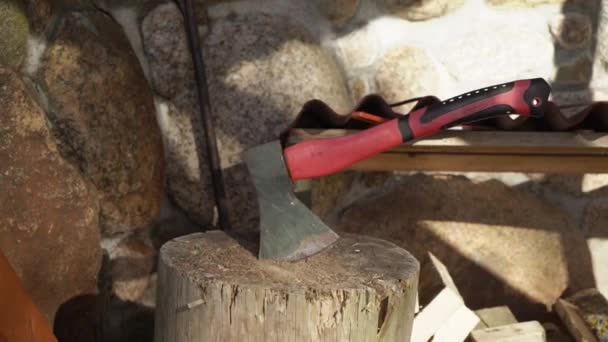 Madera Con Hacha Afilada Hacha Cerca Campo — Vídeos de Stock