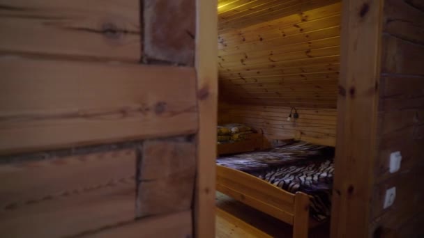 A wooden cottage indoors. Luxury house for vacations interior — Stock Video