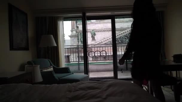 Jeune femme brune sexy en lingerie dans la chambre à coucher allant au balcon — Video