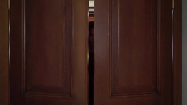 Jonge sexy brunette vrouw in zwarte avondjurk opent de deuren — Stockvideo