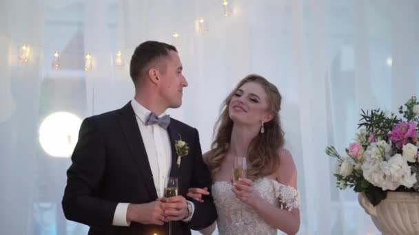 Nevěsta a ženich líbat na svatební hostině. Mladá milující svatební pár v stanu — Stock video