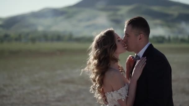 Junge schöne Braut in einem Hochzeitskleid und Bräutigam umarmen und küssen — Stockvideo