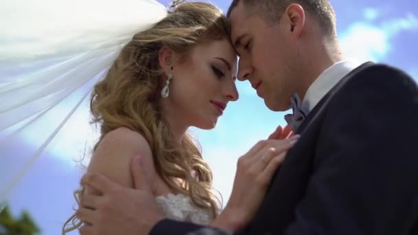 Junge schöne Braut in einem Hochzeitskleid und Bräutigam umarmen und küssen — Stockvideo