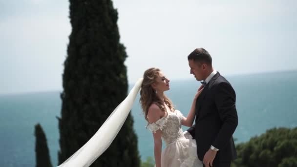 Молода красива наречена в весільній сукні і обнімає нареченого і цілує — стокове відео