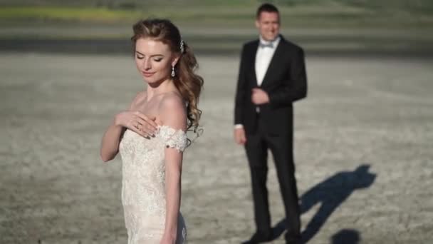 年轻美丽的新娘在婚纱和新郎摆姿势 — 图库视频影像