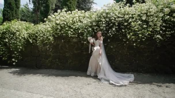 Jovem noiva posando perto de flores no dia ensolarado — Vídeo de Stock