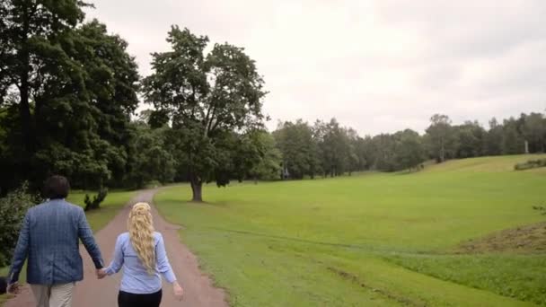 Young lovely couple walking in a park in summer. Romantic dating or lovestory — Stock Video