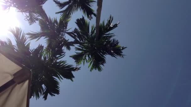 White sunshade umbrella on the sky background — Stock Video