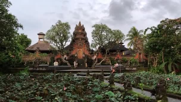 Csodálatos kilátás nyílik a tó közelében Ubud, Bali, Indonézia Pura Saraswati Hindu templom lótuszvirág — Stock videók