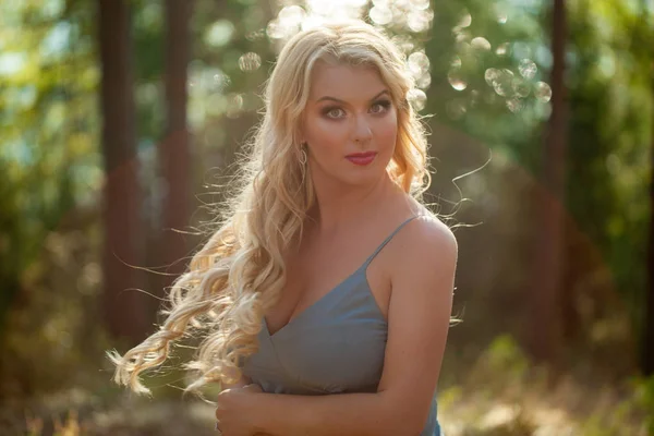 Mavi elbiseli seksi - neglegee pegnoir iç çamaşırı poz ormanda sarışın genç güzel kadın