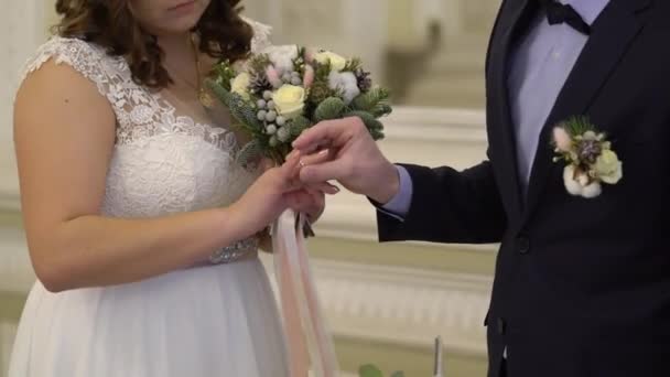 Os recém-casados trocam alianças de casamento na cerimônia — Vídeo de Stock