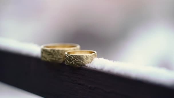 Золотые кольца для свадьбы зимой в снегу — стоковое видео