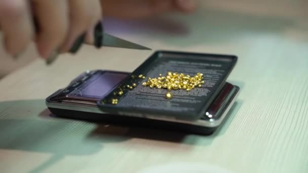 Jewelry scale and golden granules — Stock Video
