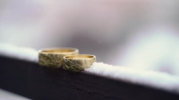 Zlaté prsteny pro svatbu v zimě ve sněhu — Stock video