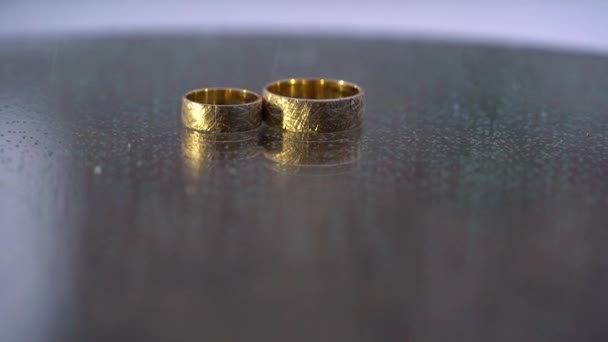 Zlaté prsteny pro svatbu v zimě ve sněhu — Stock video