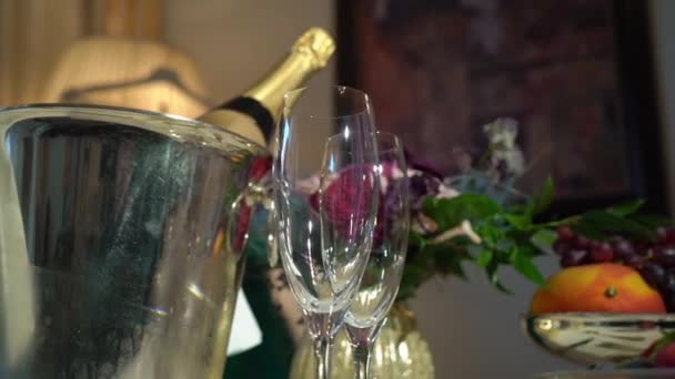Champagneflaska i is hink — Stockvideo