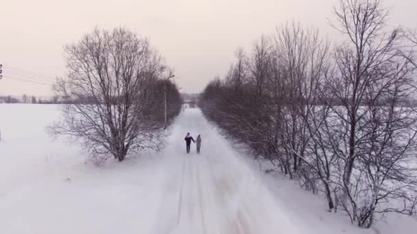 Krásný mladý pár v zimě snowly pole — Stock video