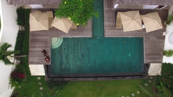 Jeune femme sexy en lingerie noire posée près de la piscine à la villa de luxe — Video