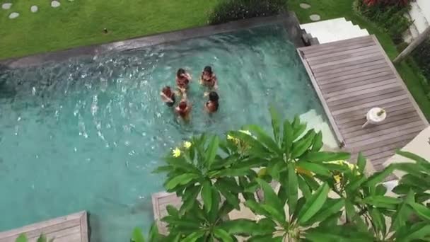 BALI, INDONESIA - NOVEMBER 8, 2017: Girlfriends in the pool. Pesta di liburan musim panas. Gadis dentingan gelas dengan koktail alkohol — Stok Video